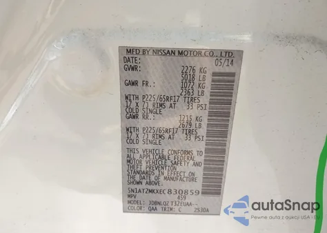 2014 Nissan Rogue Sv z USA, uszkodzony, nr VIN 5N1AT2MKXEC830859